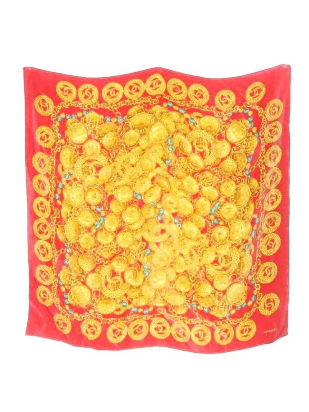 Chanel Vintage Chain Pattern Silk Scarf Red